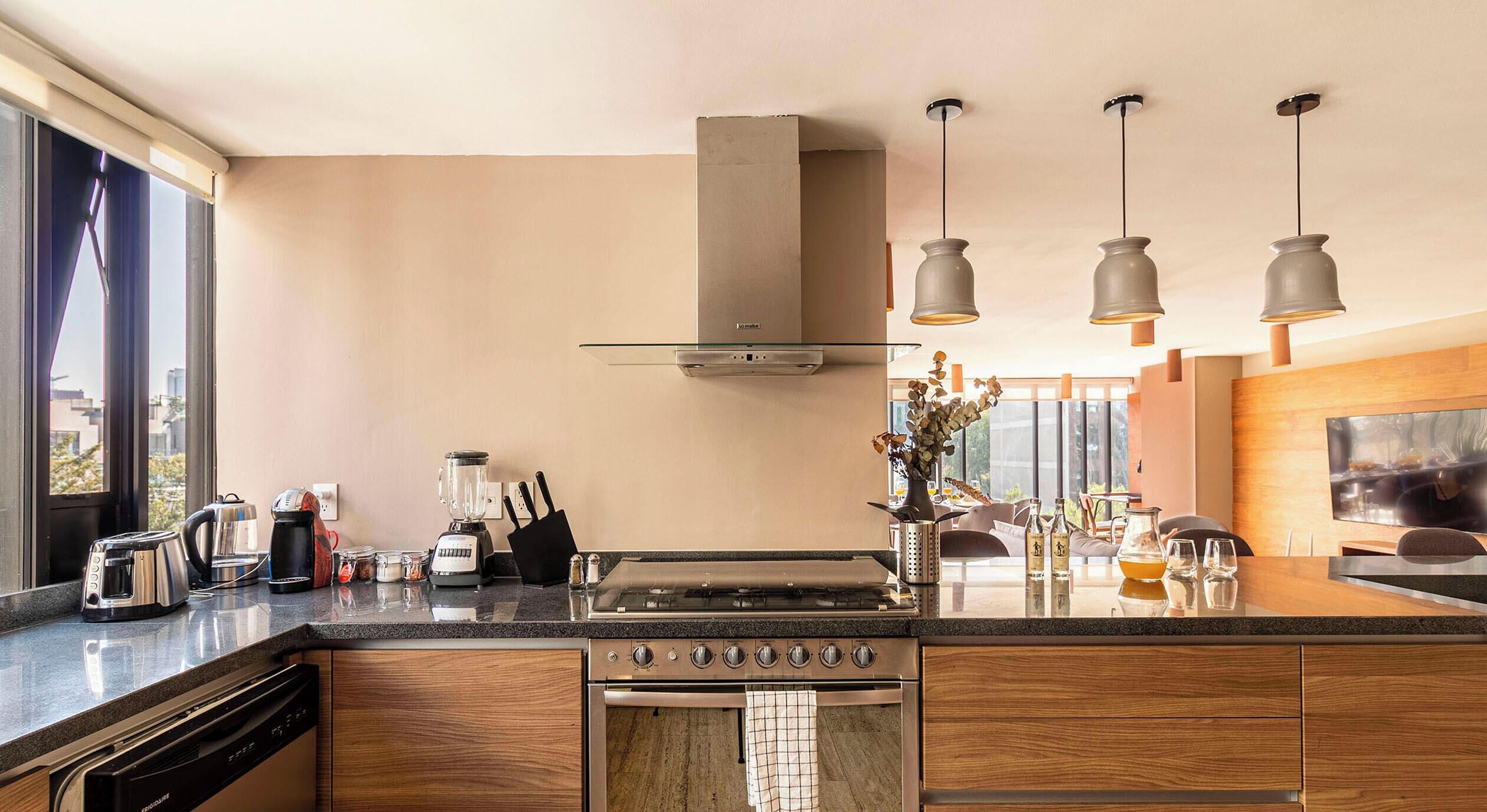 Une cuisine moderne dotée d’une grande cuisinière, d’un lave-vaisselle et d’une fenêtre donnant sur la ville.