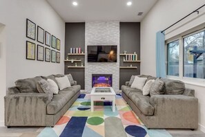 TV, fireplace, video games