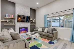 TV, fireplace, video games
