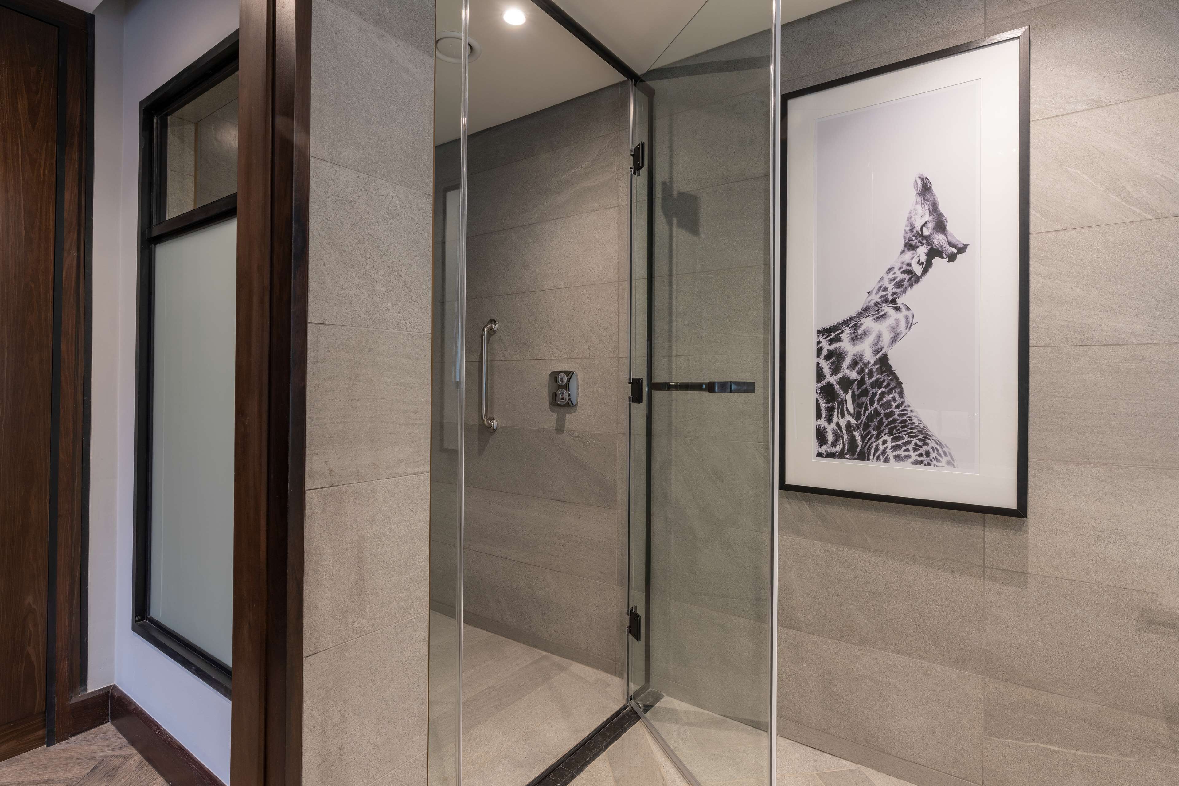 Un baño moderno con cabina de ducha de vidrio, un cuadro enmarcados de una jirafa en la pared, y una puerta de madera.