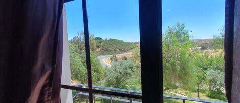 A view through a window with metal bars, featuring a landscape with greenery, hills, and a road.