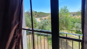 A view through a window with metal bars, featuring a landscape with greenery, hills, and a road. - Posada Los Pedregales (El Granado)