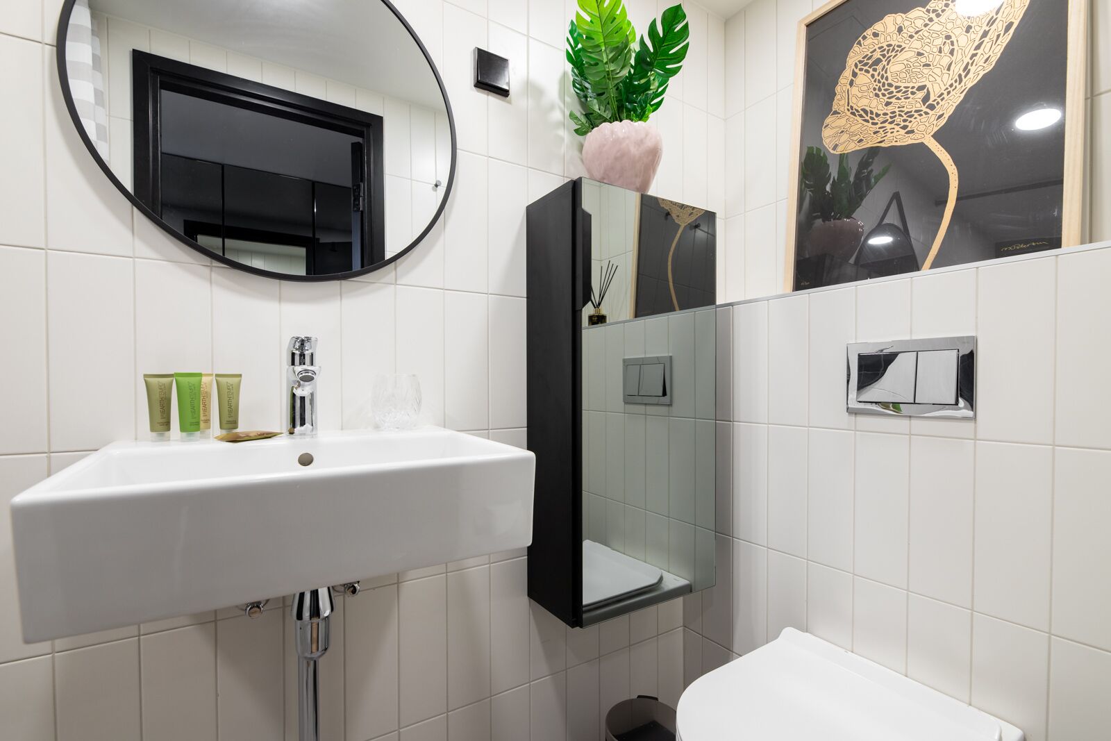 A bathroom with a white sink, a mirror, a potted plant, and a framed artwork on the wall.