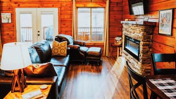 TV, fireplace, books, stereo