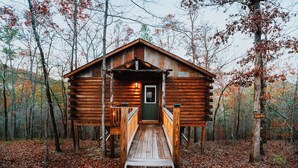 A wooden cabin with a wooden staircase leading to a green door, surrounded by a forest with autumn leaves. - Firefly Treehouse - Starlight Haven (Hot Springs)
