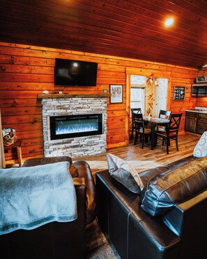 TV, fireplace, books, stereo