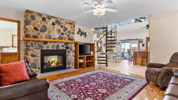 Televisión, chimenea, estéreo