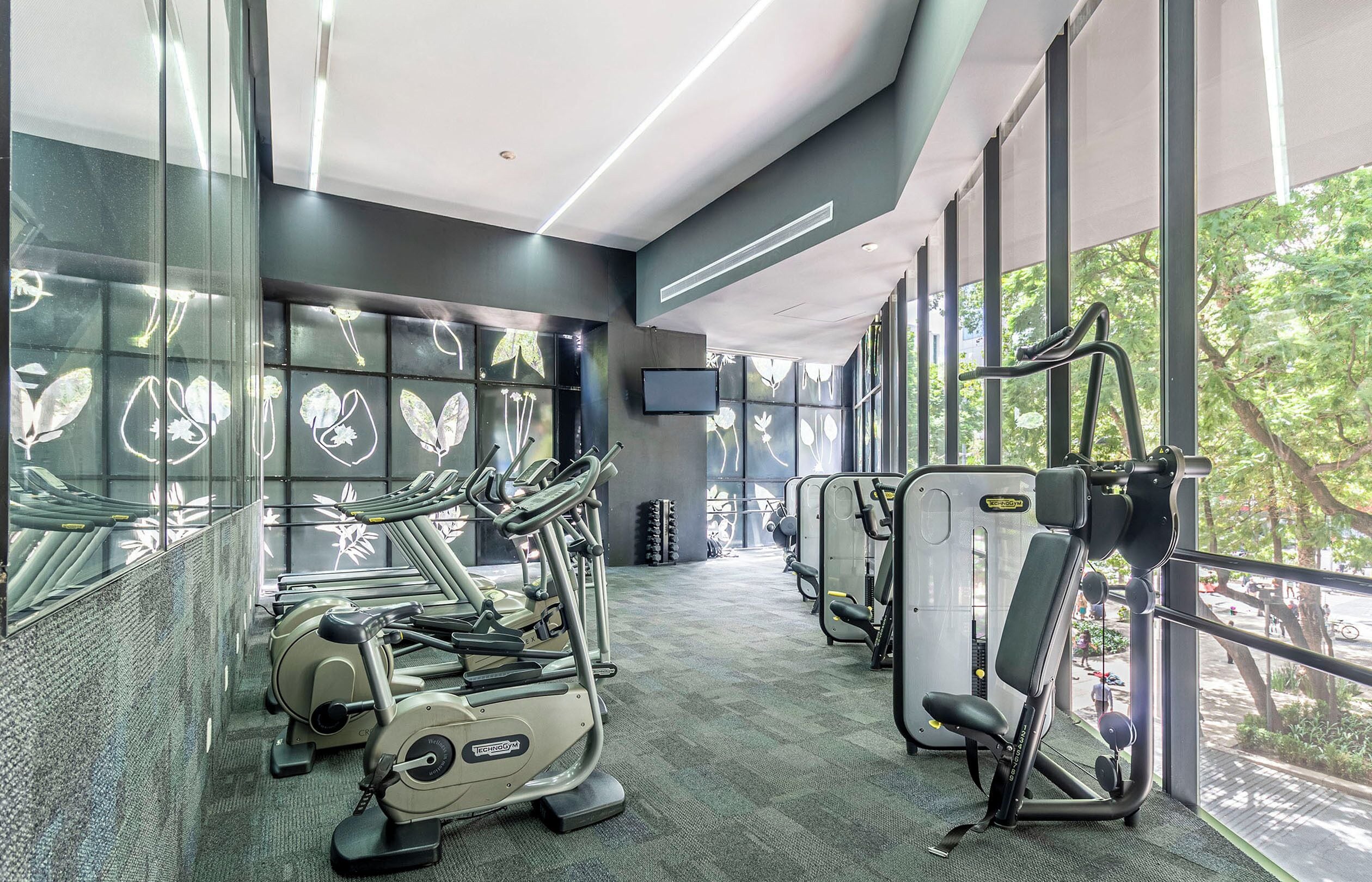 Un gimnasio con equipamiento de ejercicio, ventanas amplias y una pantalla de televisión.