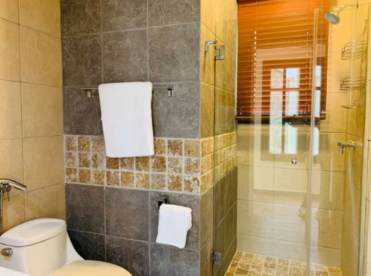 Regadera, secadora de cabello, toallas 