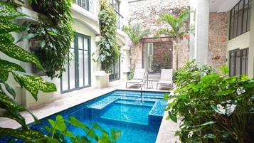 Piscina con escalones, rodeada de vegetación exuberante y un muro de piedra.