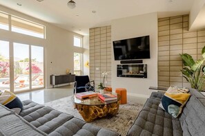 Smart TV, fireplace, books, music library