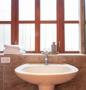 Dusche, Haartrockner, HandtĂŒcher, Shampoo