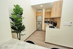 Fridge, microwave, coffee/tea maker, electric kettle