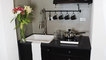 Fridge, microwave, coffee/tea maker, electric kettle