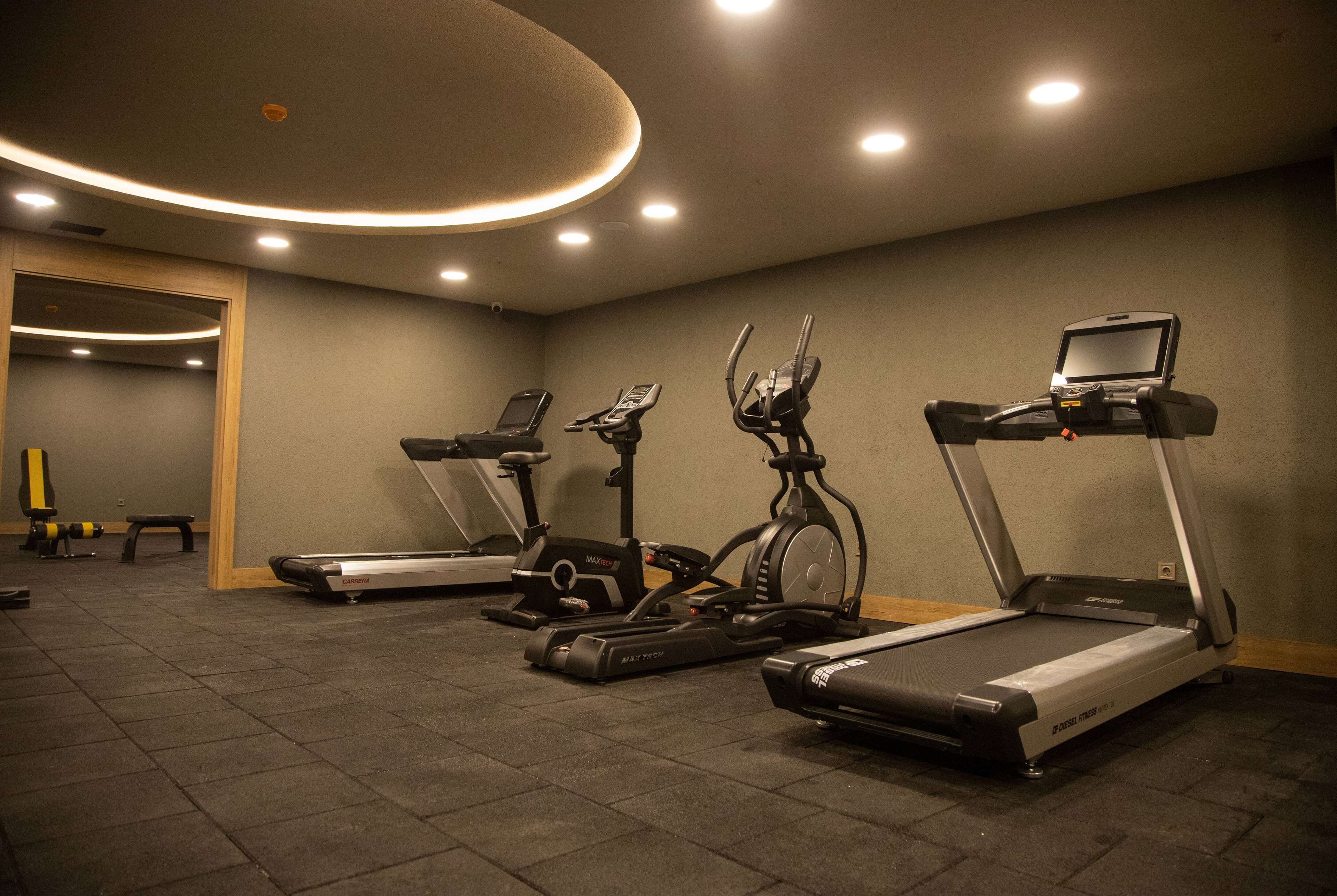 A gym with treadmills, stationary bikes, and a rowing machine.