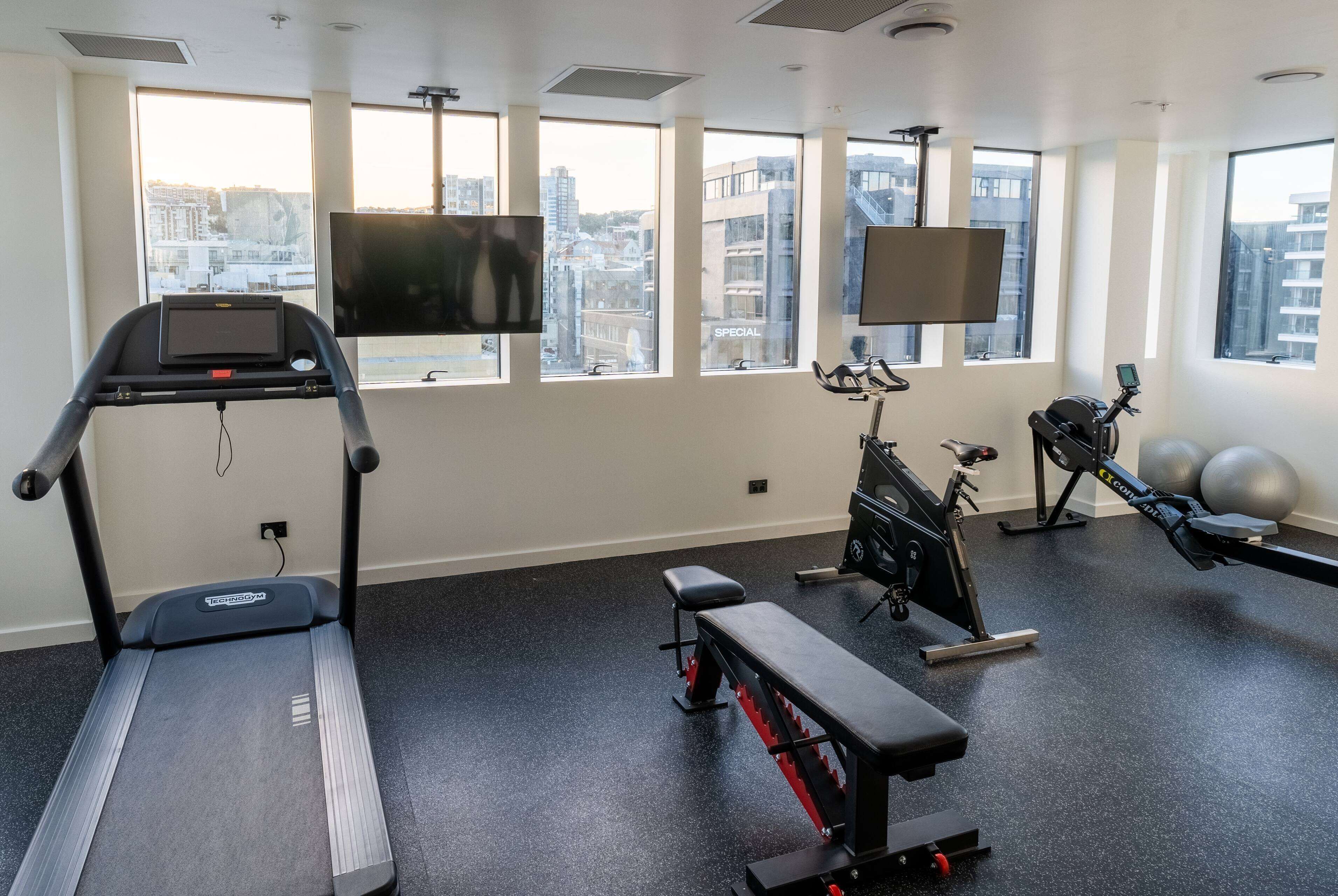 A gym with treadmills, a bench, a rowing machine, and exercise balls.