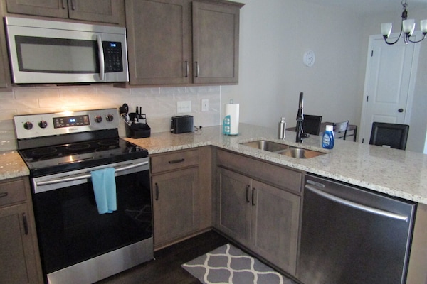 Fully stocked kitchen.