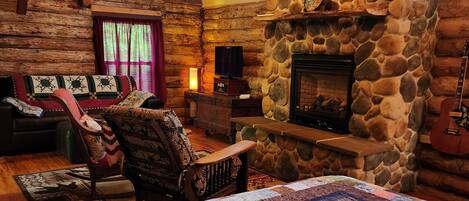 Smart TV, fireplace, books, stereo