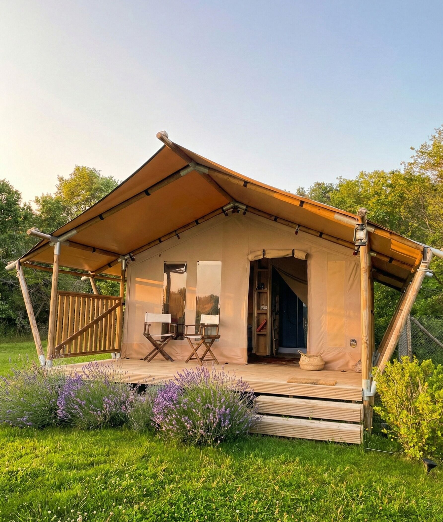 Elegante Luxury Lodge, umgeben von üppigem Grün, mit großzügiger Panoramaveranda und Blick in die Wildnis. Harmonische Architektur und natürliche Materialien fügen sich nahtlos in die Landschaft ein und schaffen einen exklusiven Rückzugsort voller Charme. Perfekt für eine hochwertige Glamping-Auszeit mit Privatsphäre, Ruhe und unvergesslichen Sonnenuntergängen im ersten Wilderness-Gebiet Italiens.