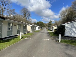 Uma fileira de casas móveis com um caminho pavimentado entre elas, rodeada por árvores e um céu claro.