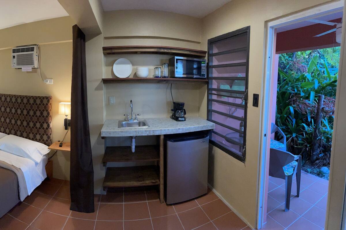 A compact hotel room with a bed, a small kitchenette, a ceiling fan, and a view of greenery outside.