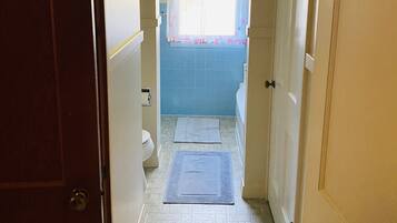 Bathtub, hair dryer, towels, soap