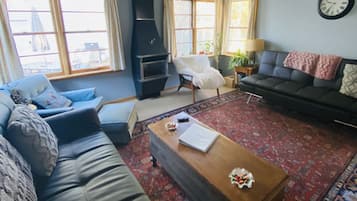 Smart TV, fireplace, books