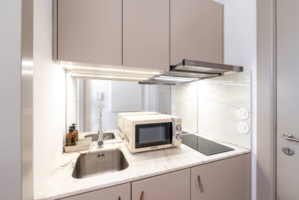 Fridge, microwave, stovetop, coffee/tea maker