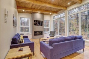 Televisión, chimenea, reproductor de DVD, oficina