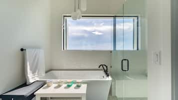 Combined shower/tub, hair dryer, towels, soap