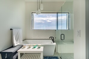 Combined shower/tub, hair dryer, towels, soap - Oceanfront 4-bed Villa with private pool. Weekly discount for spring and summer. (Melbourne Beach)