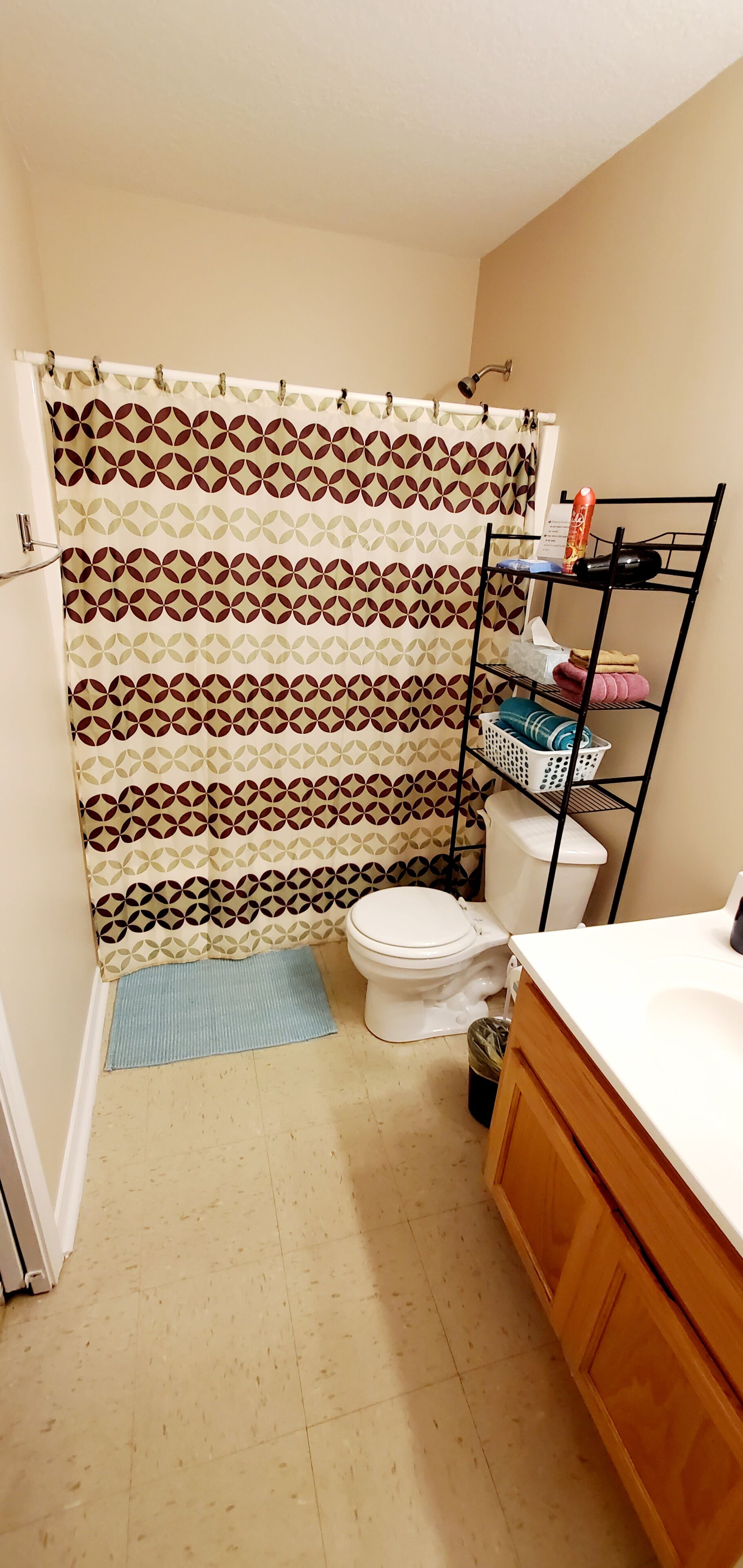 A small bathroom with a patterned shower curtain, a toilet, a sink, and a wooden cabinet.