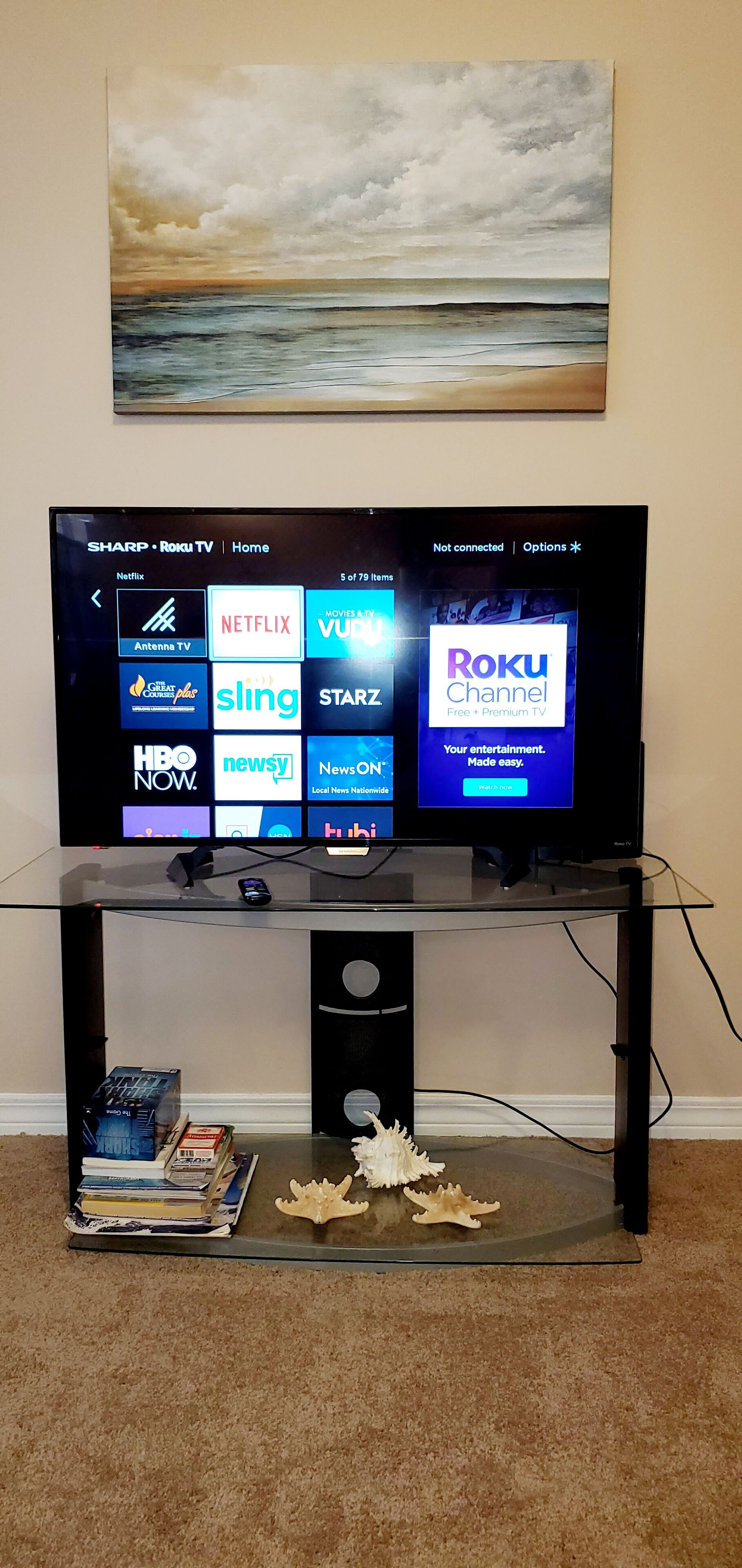A television on a glass shelf with a selection of streaming services displayed, a framed picture above, and a small decorative item on the shelf.