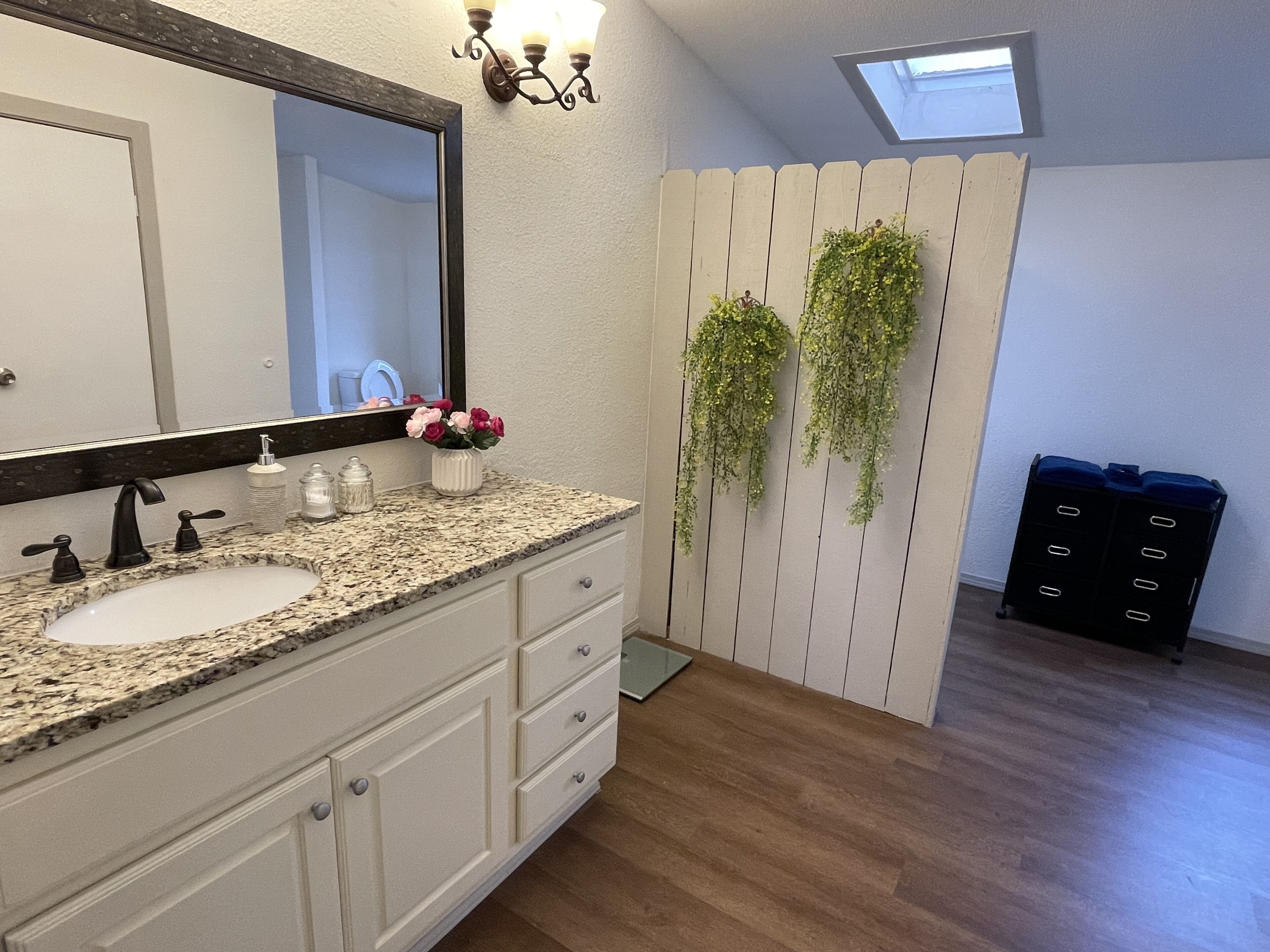 A bathroom with a granite countertop sink, a large mirror, a white vanity, and a wooden floor. There are two hanging plants, a skylight, and a black storage unit.
