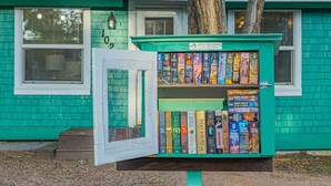 A small library kiosk with books on display, located in front of a green building with white trim.