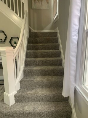 A carpeted staircase with white railings and a white door at the bottom. - 6 BR Home Just Minutes From Downtown Cincinnati (Cincinnati)