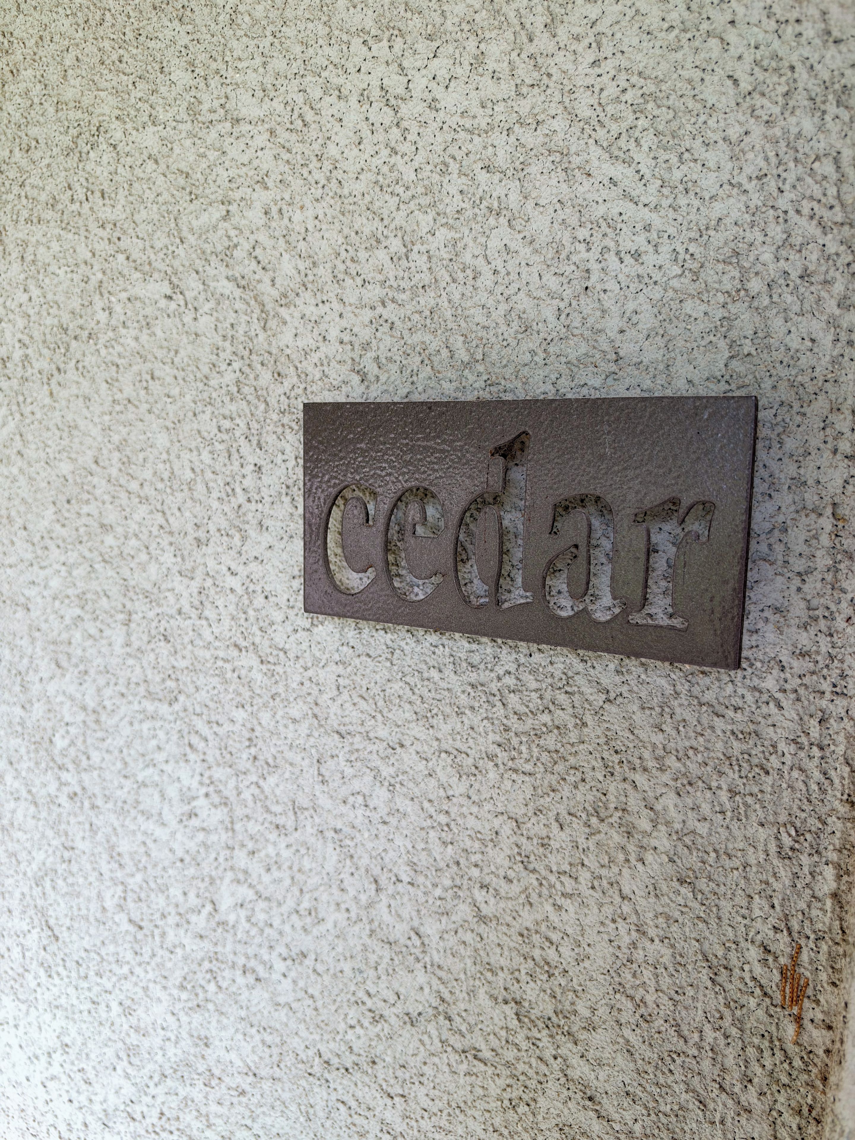 A metal plaque with the word 'cedar' engraved on it.