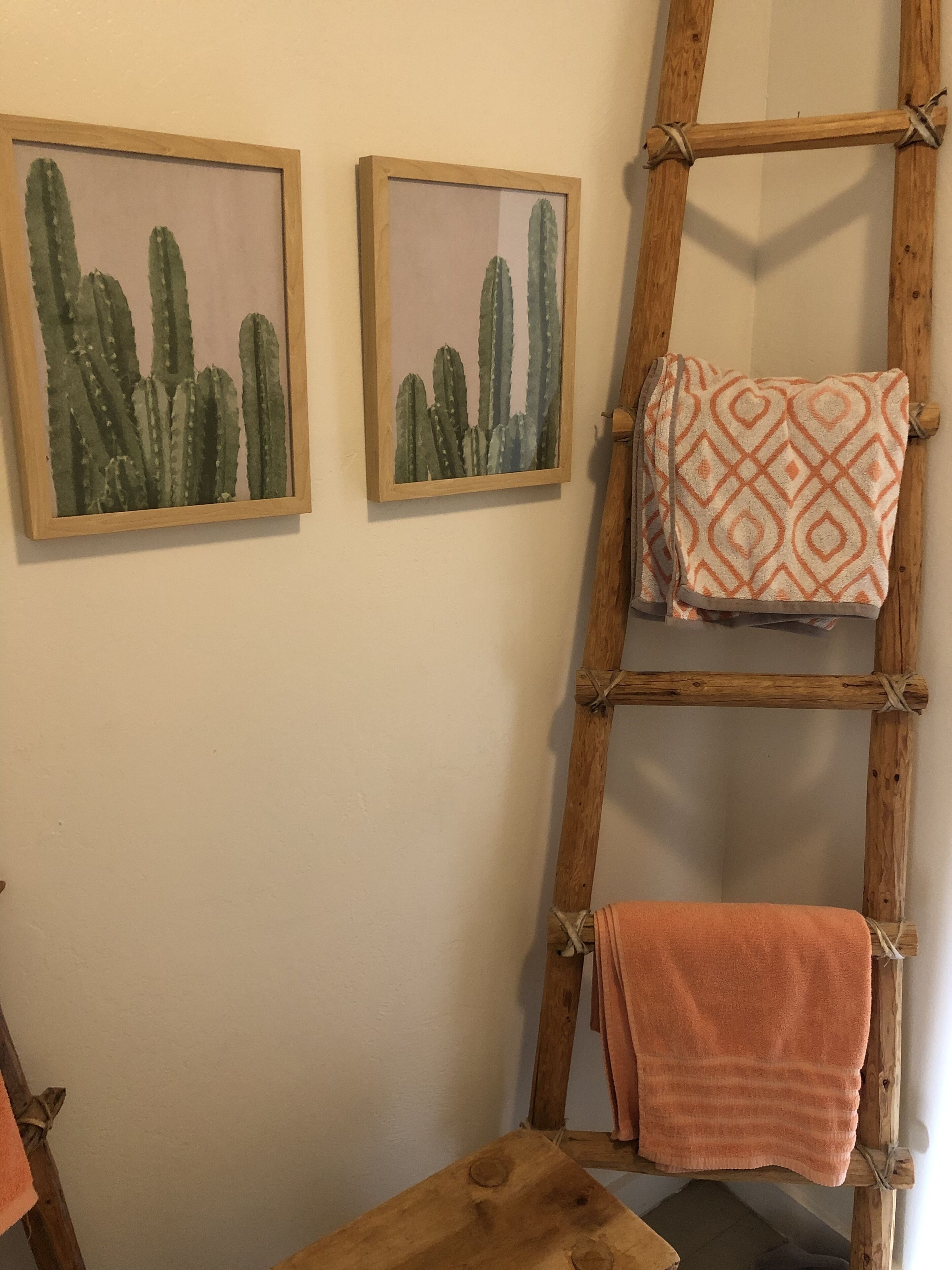 A wooden ladder with a cushion and a towel against a wall.