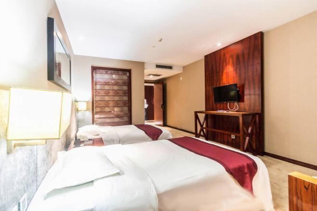 A hotel room with two beds, a TV on a wooden stand, and a door with a patterned design.