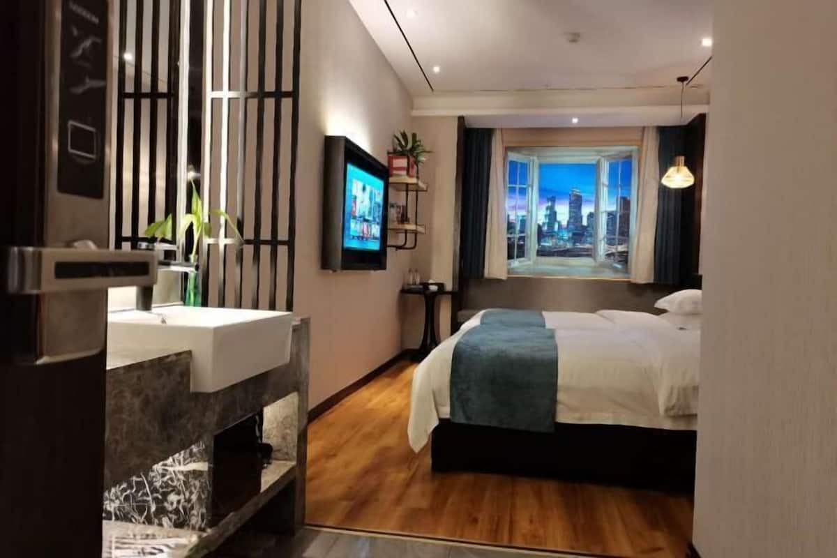 Habitación de hotel moderna con cama, televisor, vista a la ciudad, baño con lavamanos y una planta.