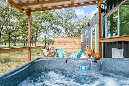 Outdoor spa tub. Bee at the Hive, 1/1 | Private Hot Tub | Gas Fire Pit | Cornhole