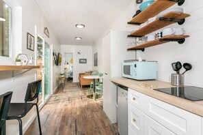 Fridge, microwave, coffee/tea maker, toaster