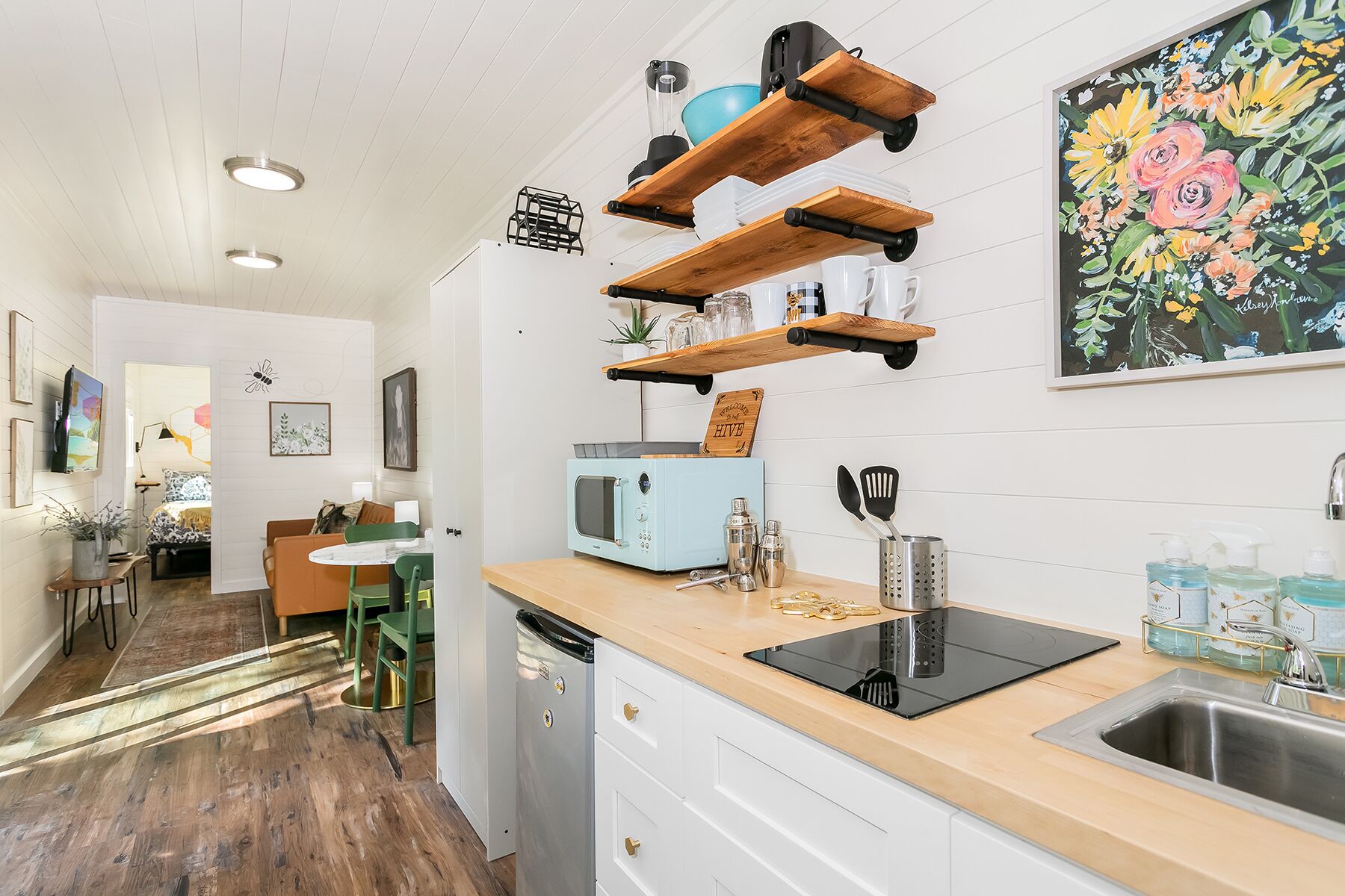 Fridge, microwave, coffee/tea maker, toaster