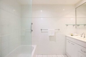 Shower, hair dryer, shampoo