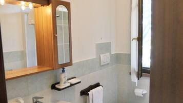 Shower, hair dryer, bidet, towels