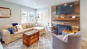 电视、壁炉、DVD 播放器