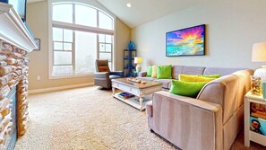 Televisión de pantalla plana, chimenea, reproductor de DVD y libros 