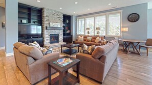 Televisión, chimenea y reproductor de DVD 