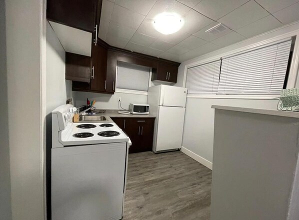 Frigorífico, microondas, horno y placa de cocina