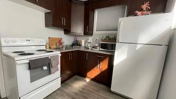 Een koelkast, een magnetron, een oven, een kookplaat